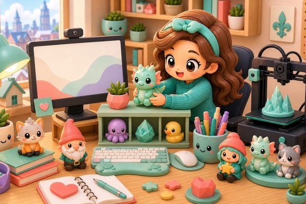 Cartoon kawaii illustration of 3D printed collectibles styled around an office desk.