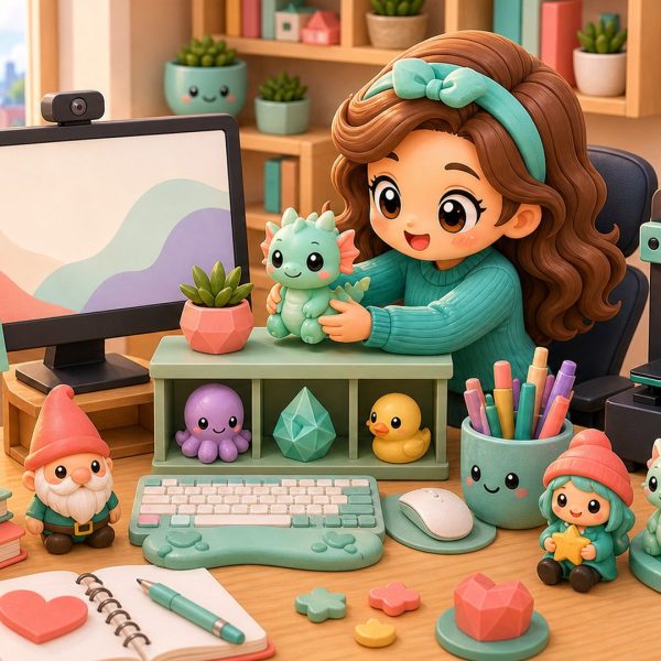 Cartoon kawaii illustration of 3D printed collectibles styled around an office desk.