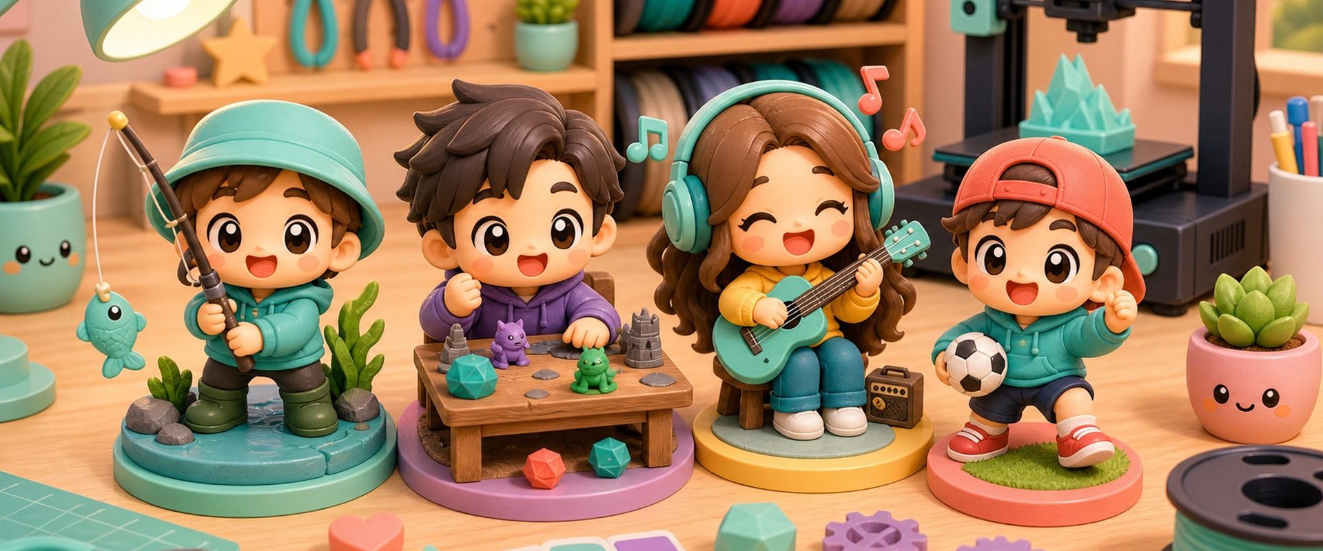 Cartoon kawaii illustration of custom 3D printed figurines for hobbies and passions.