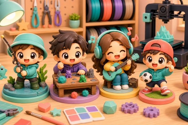 Cartoon kawaii illustration of custom 3D printed figurines for hobbies and passions.