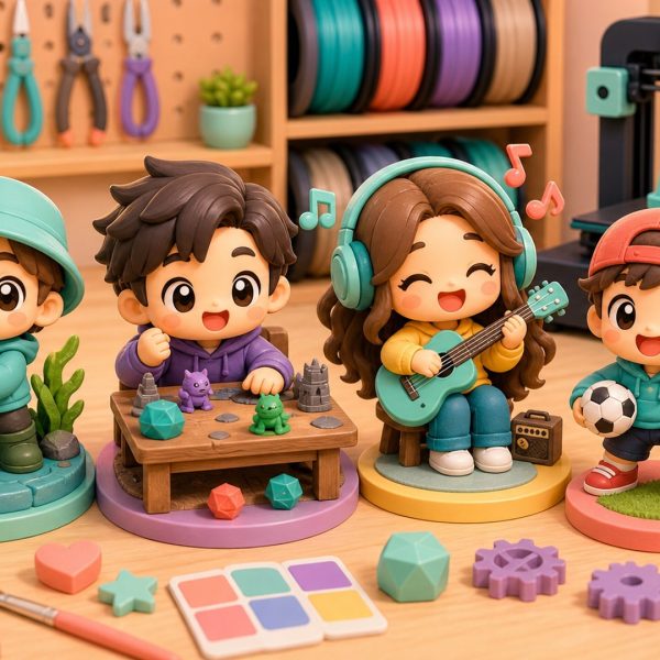 Cartoon kawaii illustration of custom 3D printed figurines for hobbies and passions.
