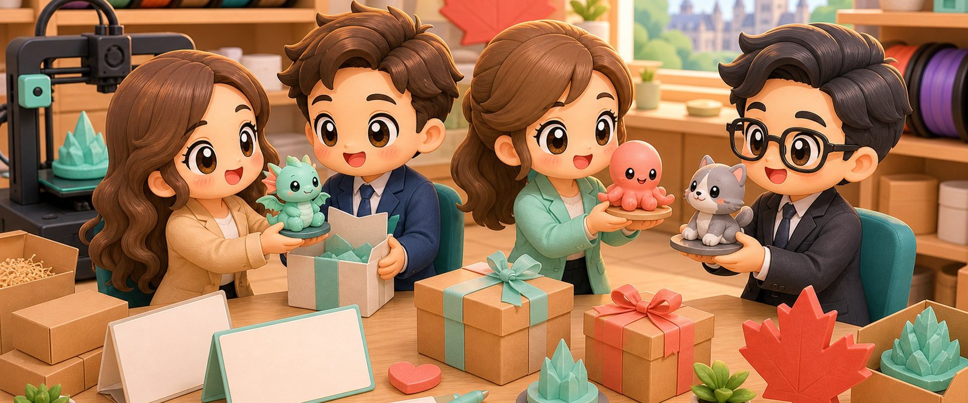 Cartoon kawaii illustration of corporate gifting with Quebec-printed 3D keepsakes.