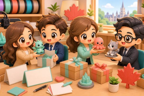 Cartoon kawaii illustration of corporate gifting with Quebec-printed 3D keepsakes.