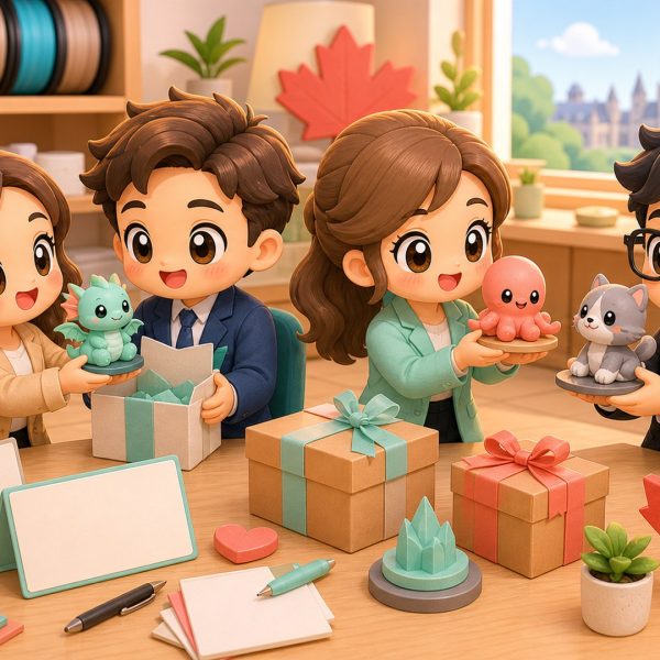Cartoon kawaii illustration of corporate gifting with Quebec-printed 3D keepsakes.