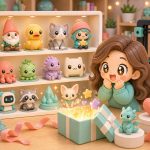Cartoon kawaii illustration of a collector shelf filled with cute 3D printed gift ideas.