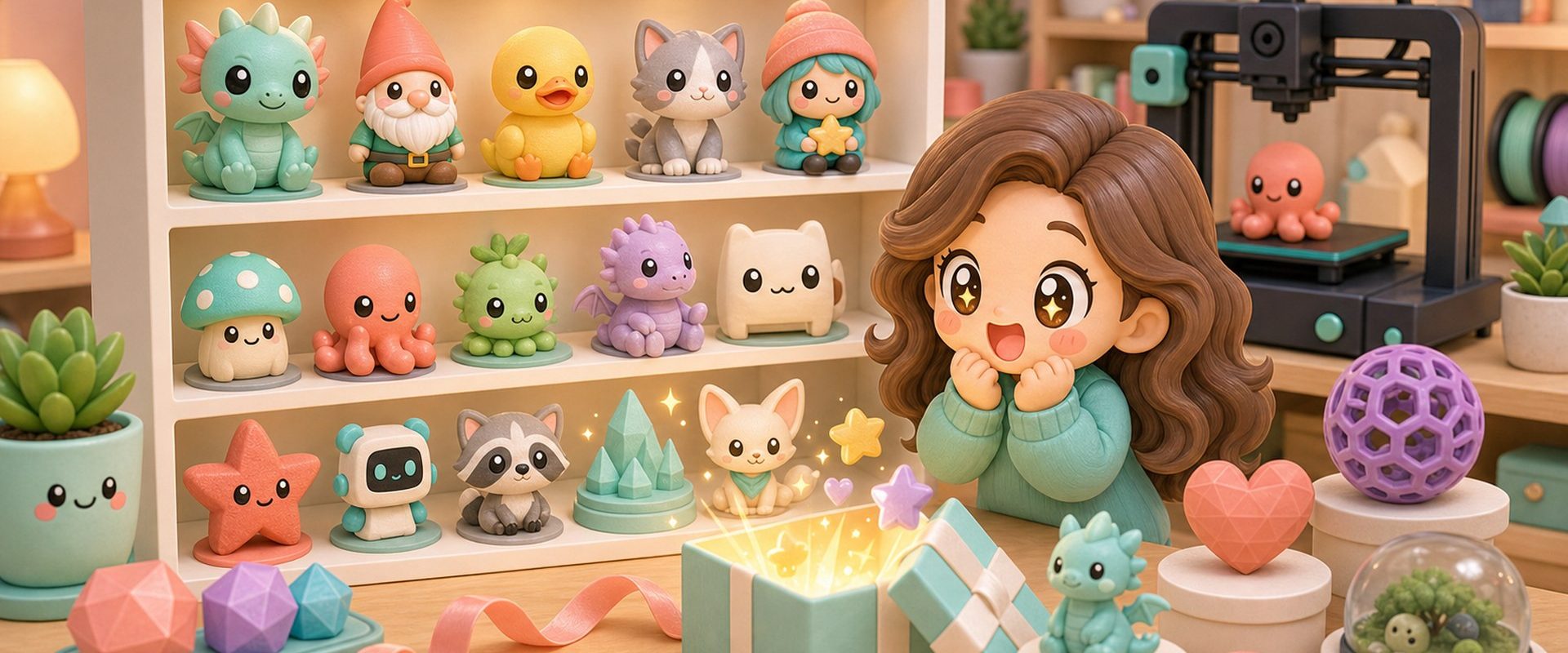 Cartoon kawaii illustration of a collector shelf filled with cute 3D printed gift ideas.