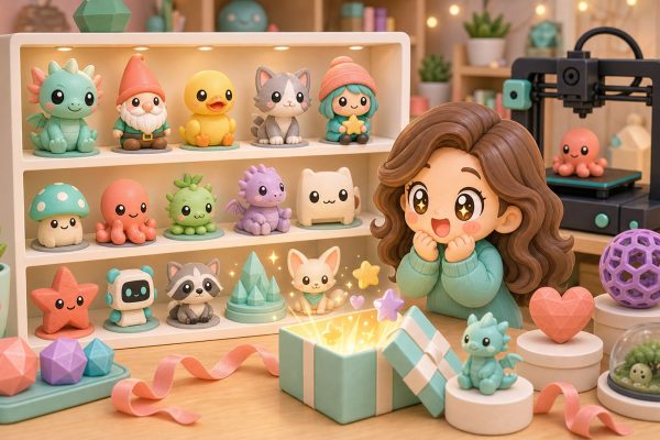 Cartoon kawaii illustration of a collector shelf filled with cute 3D printed gift ideas.