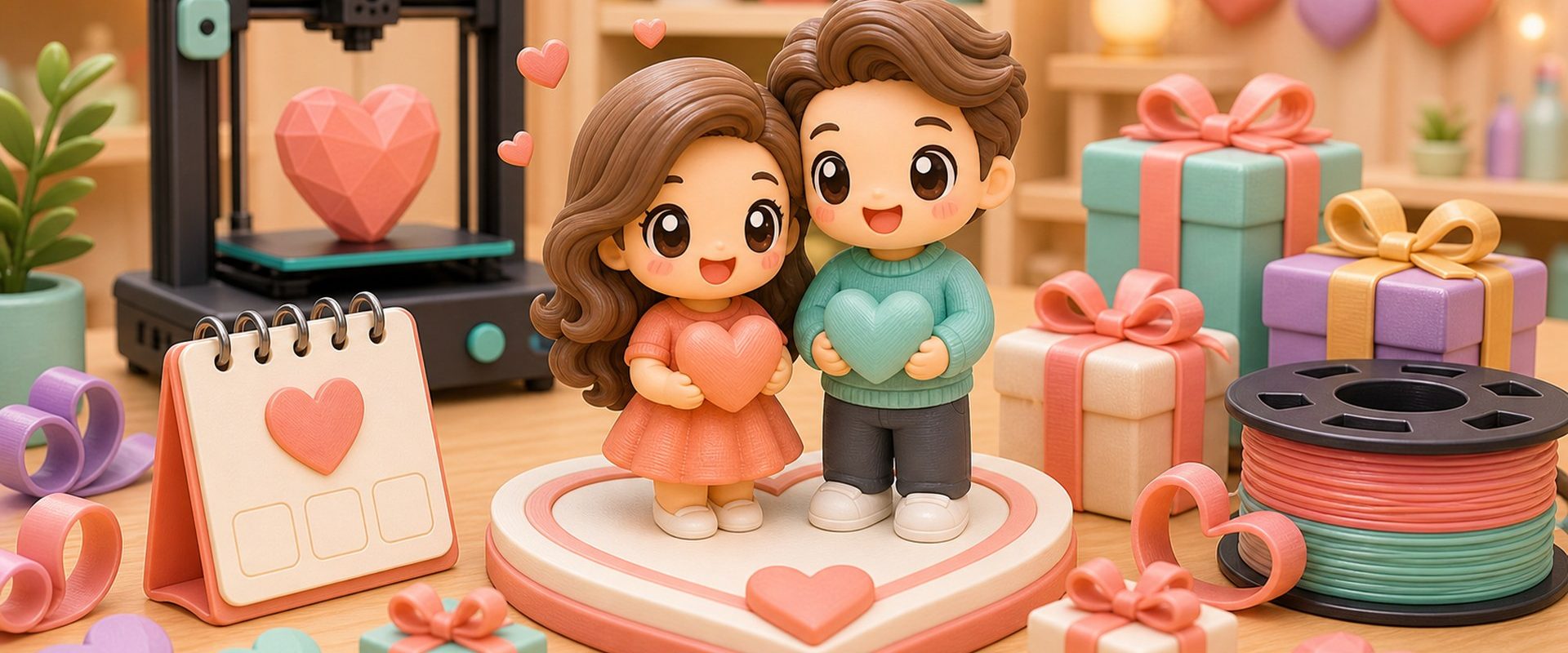 Cartoon kawaii illustration of anniversary keepsake figurines and wrapped 3D printed gifts.