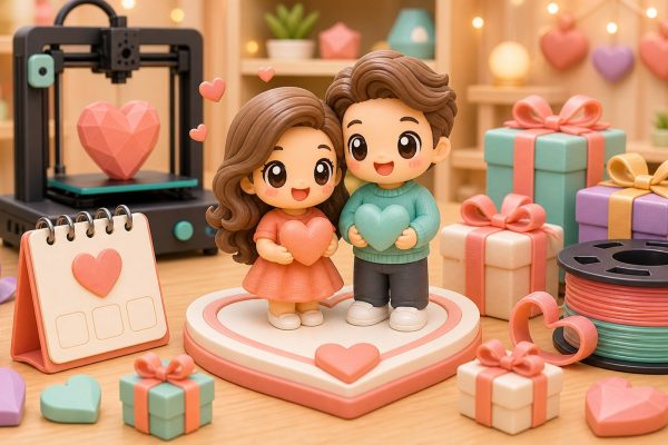 Cartoon kawaii illustration of anniversary keepsake figurines and wrapped 3D printed gifts.