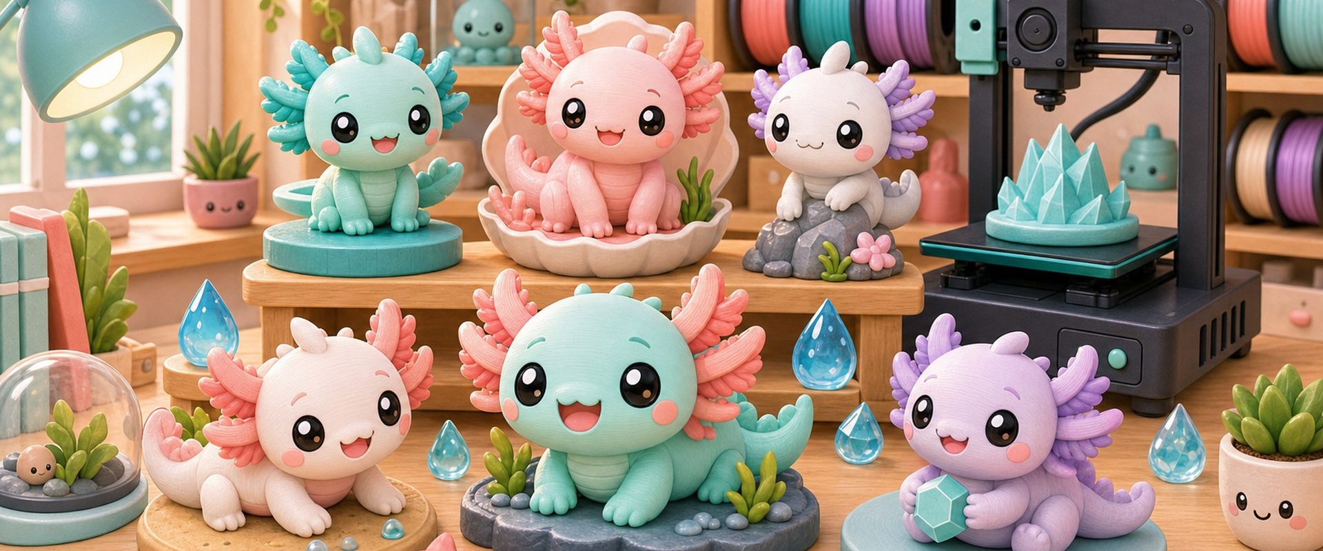 Illustration kawaii de figurines axolotl imprimees en 3D pour collectionneurs.