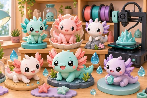 Illustration kawaii de figurines axolotl imprimees en 3D pour collectionneurs.