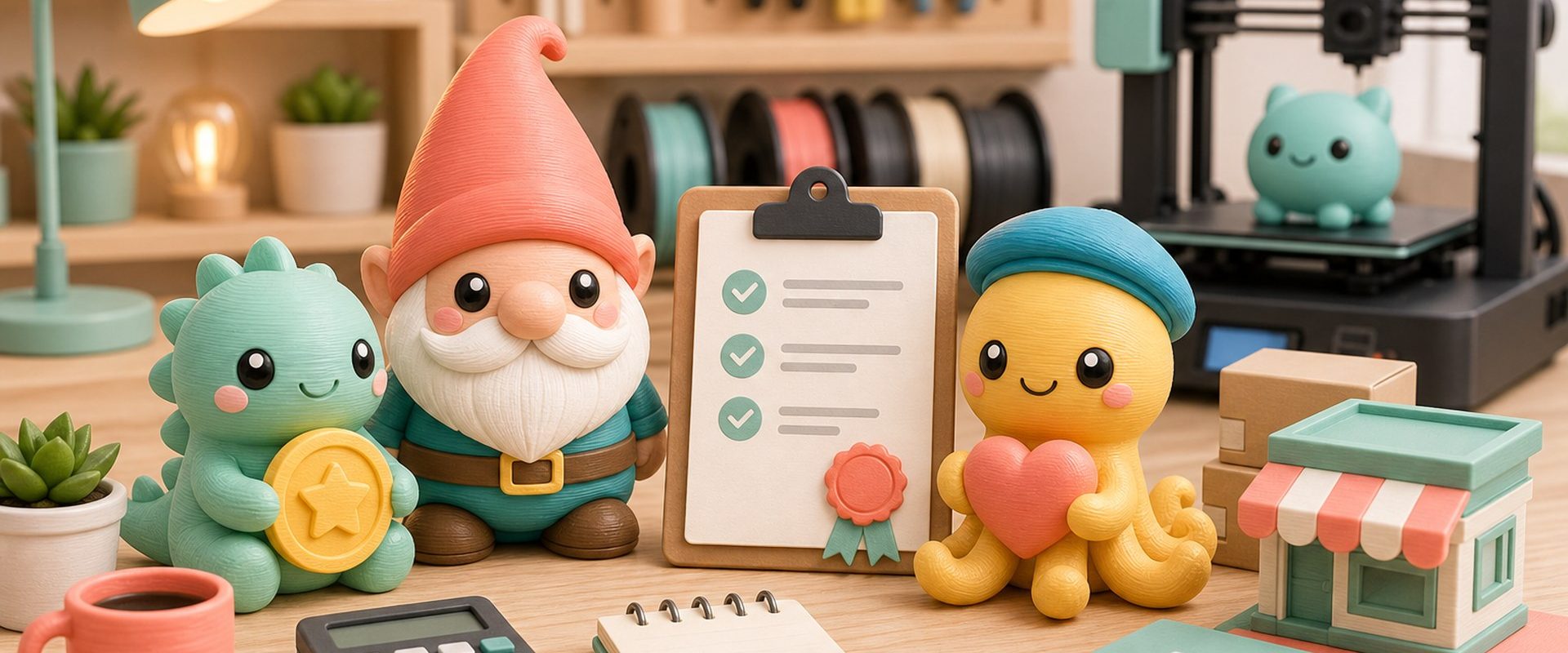 Kawaii illustration of 3D printed figurines, business tools, and a maker studio for business and licensing articles.