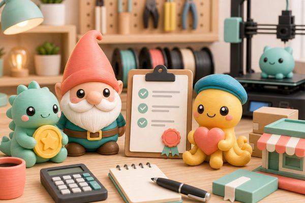 Kawaii illustration of 3D printed figurines, business tools, and a maker studio for business and licensing articles.