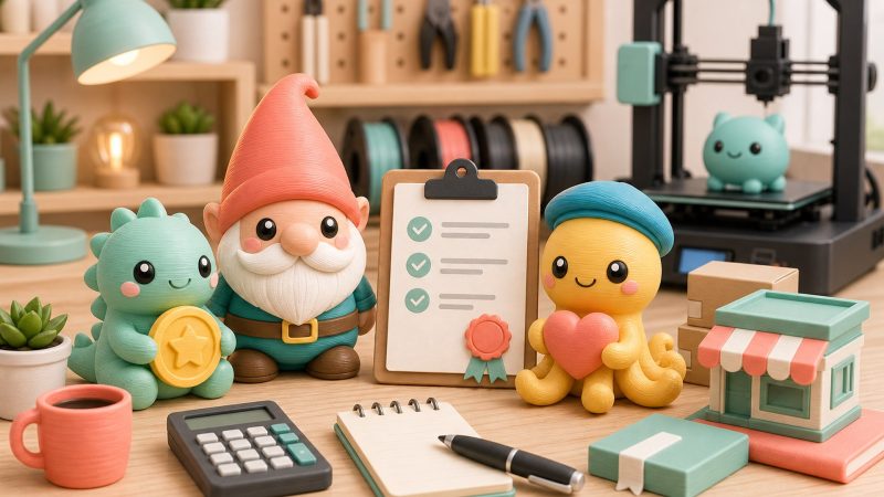Kawaii illustration of 3D printed figurines, business tools, and a maker studio for business and licensing articles.