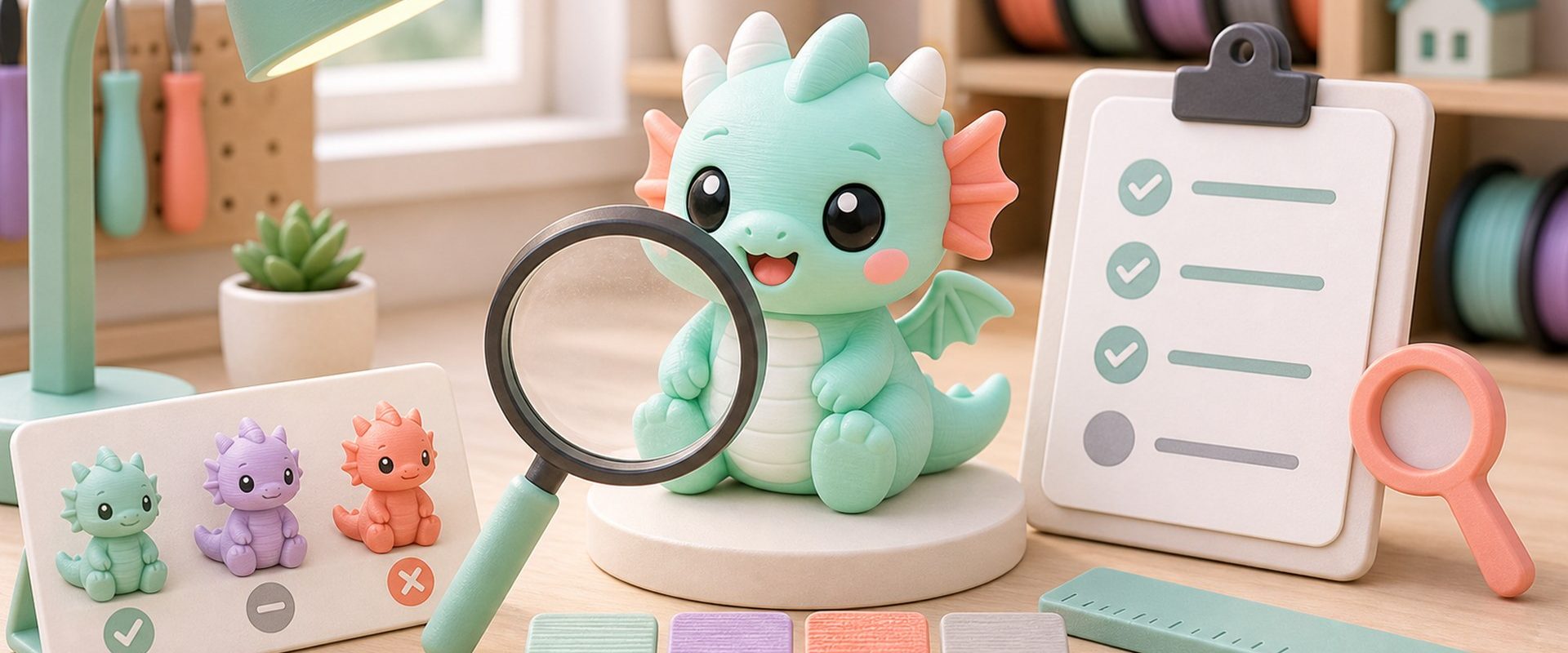 Kawaii illustration of a 3D printed figurine inspection desk for buying guide articles.