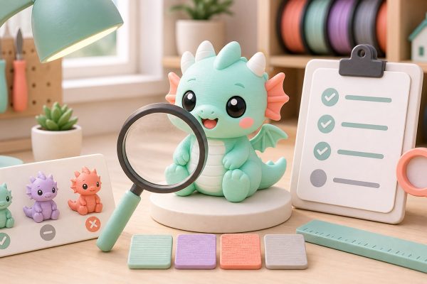 Kawaii illustration of a 3D printed figurine inspection desk for buying guide articles.