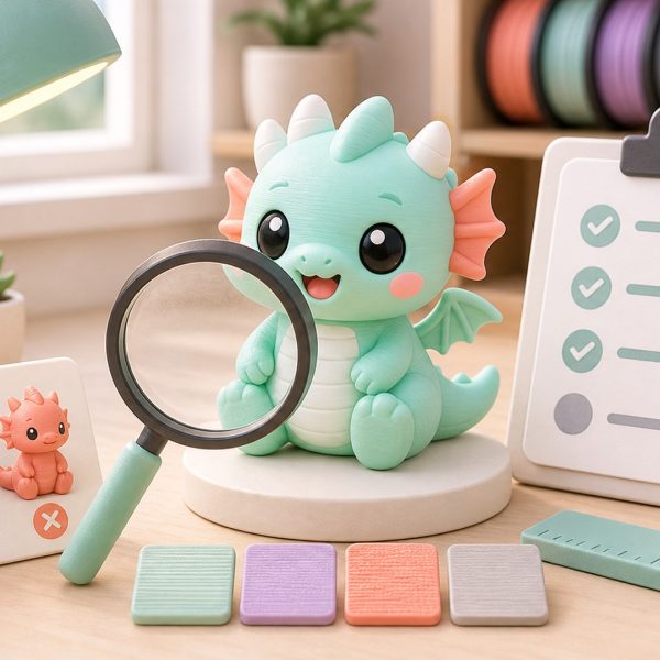 Kawaii illustration of a 3D printed figurine inspection desk for buying guide articles.