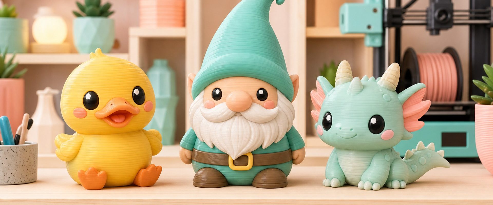 Kawaii illustration of 3D printed collectible figurines on a maker studio display shelf.