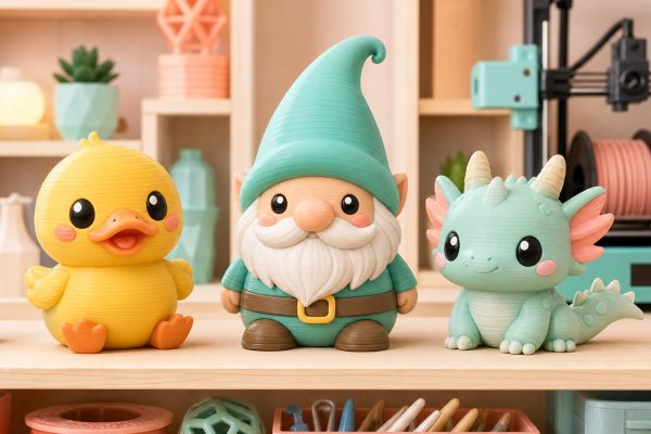 Kawaii illustration of 3D printed collectible figurines on a maker studio display shelf.
