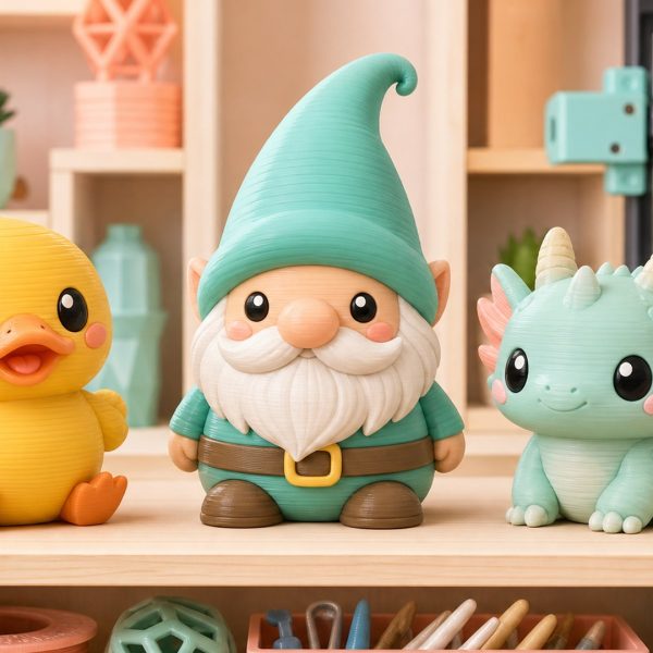 Kawaii illustration of 3D printed collectible figurines on a maker studio display shelf.