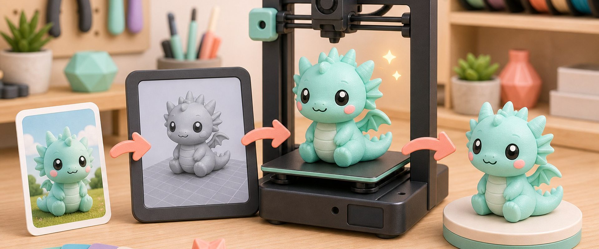Kawaii illustration of a custom 3D printing workflow from idea to finished figurine.