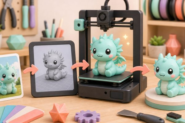 Kawaii illustration of a custom 3D printing workflow from idea to finished figurine.