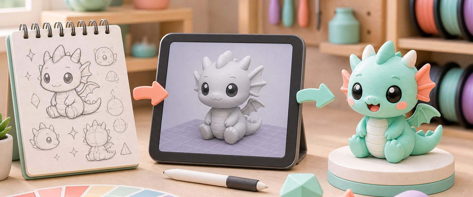 Kawaii illustration of sketching, 3D modeling, and printing a custom figurine.