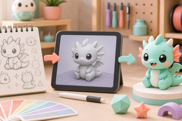 Kawaii illustration of sketching, 3D modeling, and printing a custom figurine.