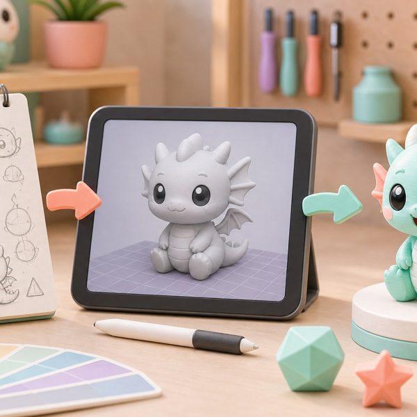 Kawaii illustration of sketching, 3D modeling, and printing a custom figurine.