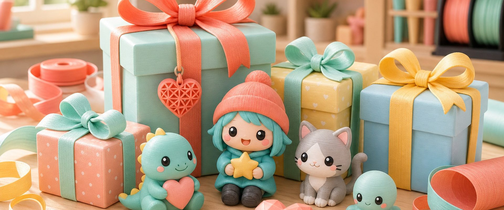 Kawaii illustration of wrapped gifts and 3D printed keepsake figurines for gift guide articles.