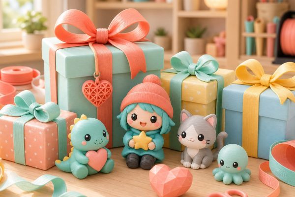 Kawaii illustration of wrapped gifts and 3D printed keepsake figurines for gift guide articles.