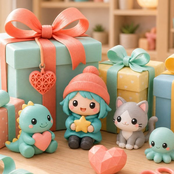 Kawaii illustration of wrapped gifts and 3D printed keepsake figurines for gift guide articles.