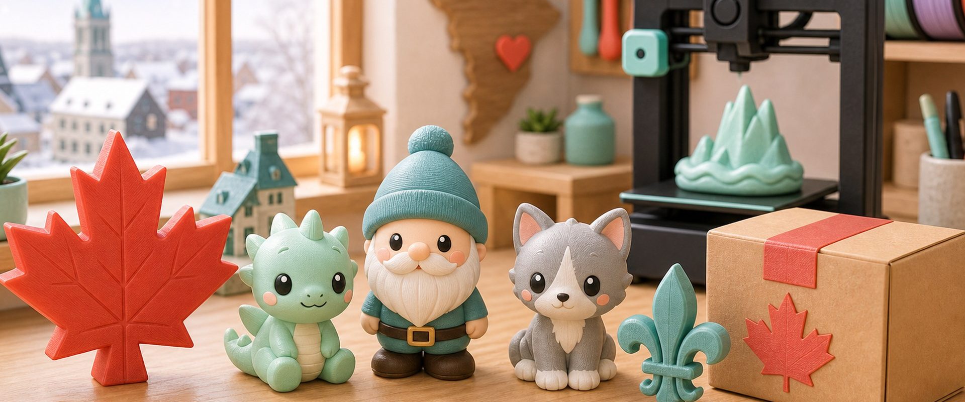 Kawaii illustration of locally made Canadian 3D printed gifts in a Quebec maker studio.