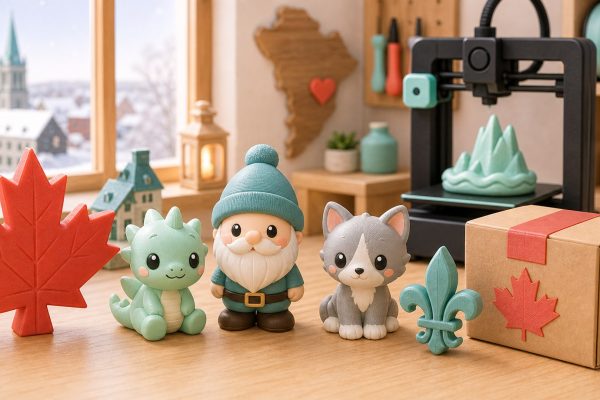 Kawaii illustration of locally made Canadian 3D printed gifts in a Quebec maker studio.