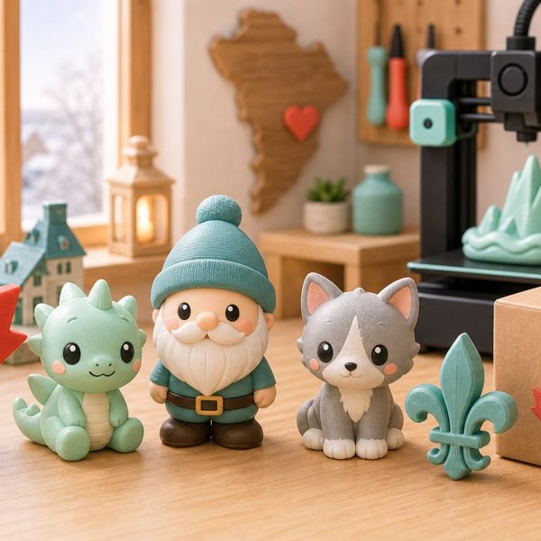 Kawaii illustration of locally made Canadian 3D printed gifts in a Quebec maker studio.