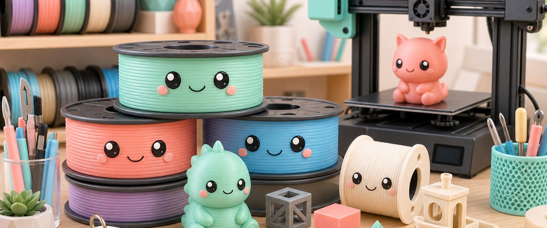 Kawaii illustration of filament spools, material swatches, and 3D printing technology.