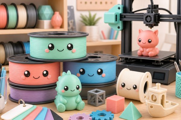 Kawaii illustration of filament spools, material swatches, and 3D printing technology.