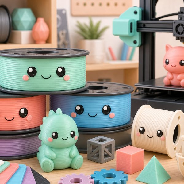 Kawaii illustration of filament spools, material swatches, and 3D printing technology.