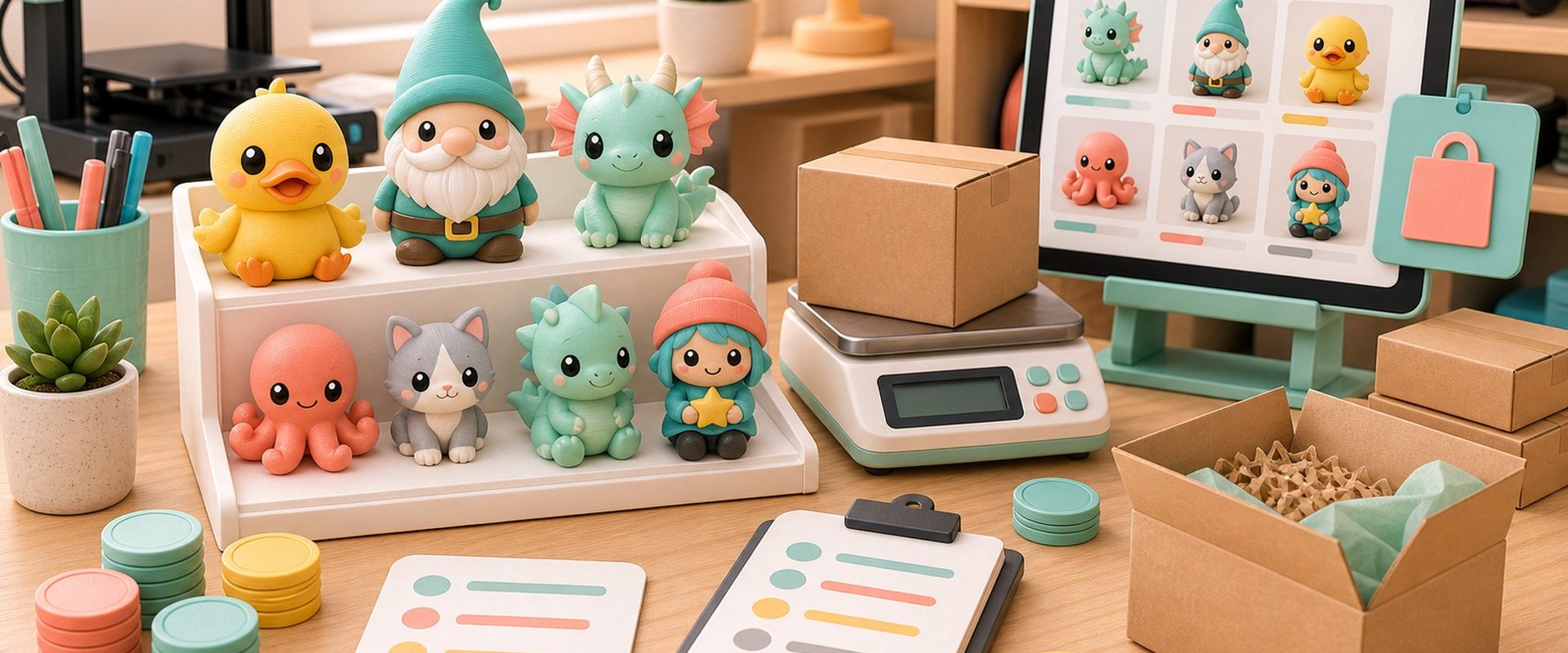 Kawaii illustration of a maker sales desk with 3D printed collectibles, order cards, and shipping boxes.