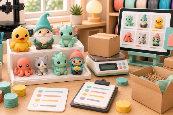 Kawaii illustration of a maker sales desk with 3D printed collectibles, order cards, and shipping boxes.