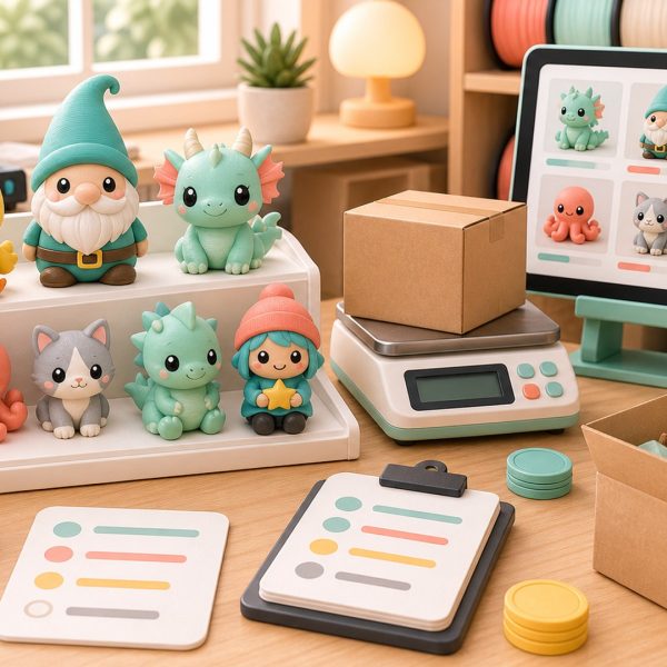 Kawaii illustration of a maker sales desk with 3D printed collectibles, order cards, and shipping boxes.