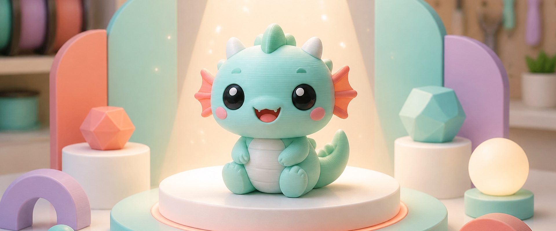 Kawaii illustration of a new 3D printed collectible figurine on a soft reveal stage.