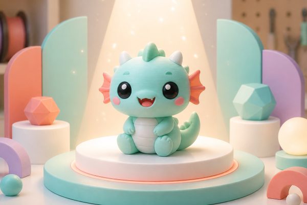 Kawaii illustration of a new 3D printed collectible figurine on a soft reveal stage.
