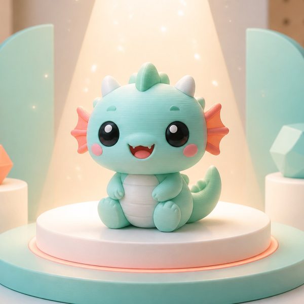 Kawaii illustration of a new 3D printed collectible figurine on a soft reveal stage.