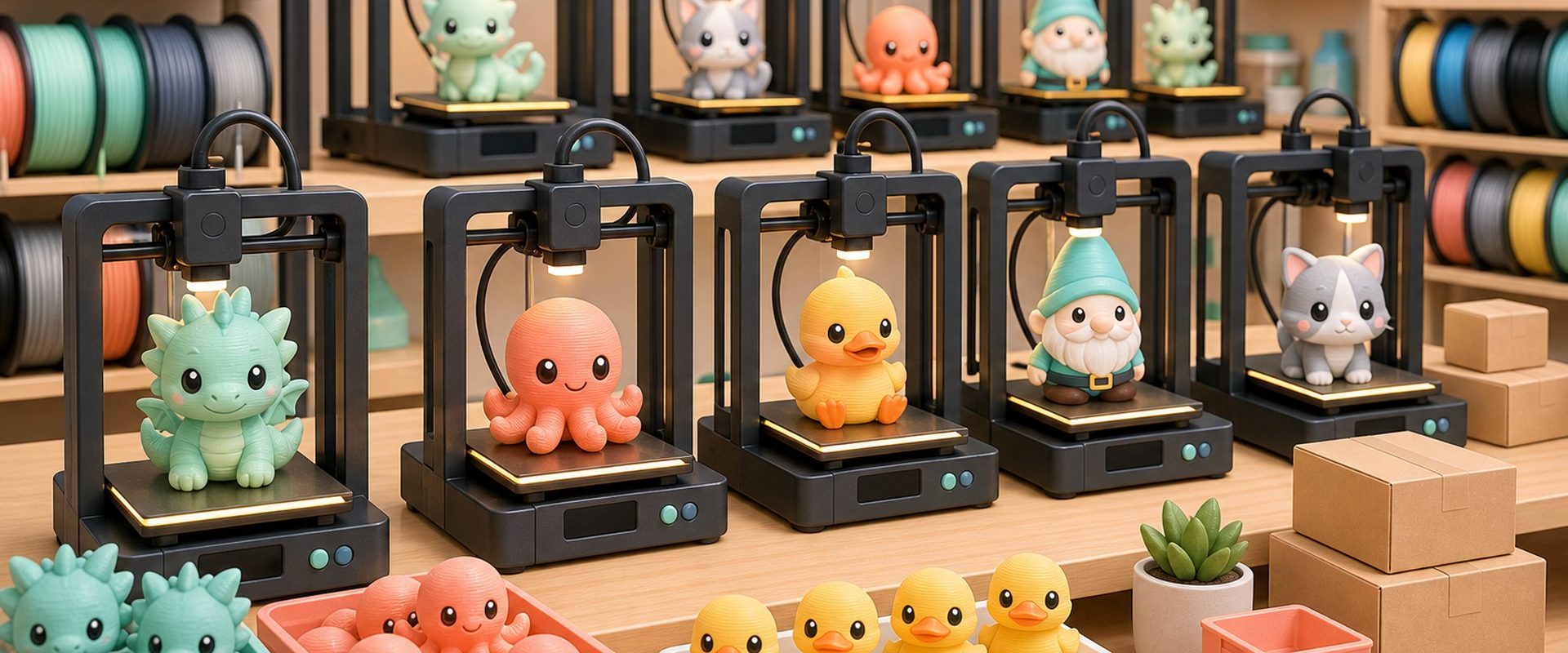 Kawaii illustration of a clean 3D print farm with rows of printers producing small collectibles.