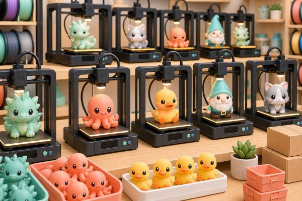 Kawaii illustration of a clean 3D print farm with rows of printers producing small collectibles.