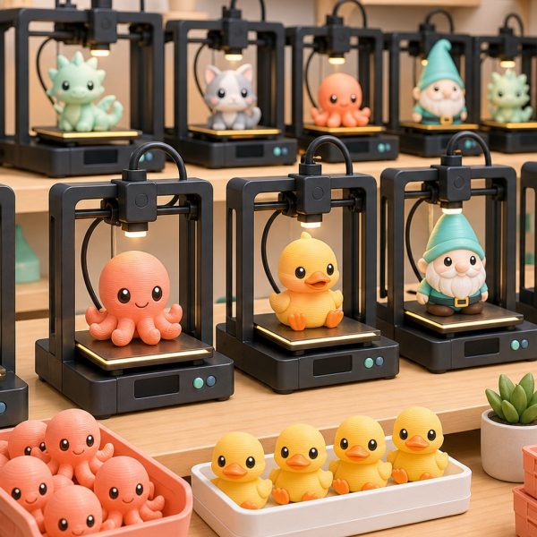 Kawaii illustration of a clean 3D print farm with rows of printers producing small collectibles.