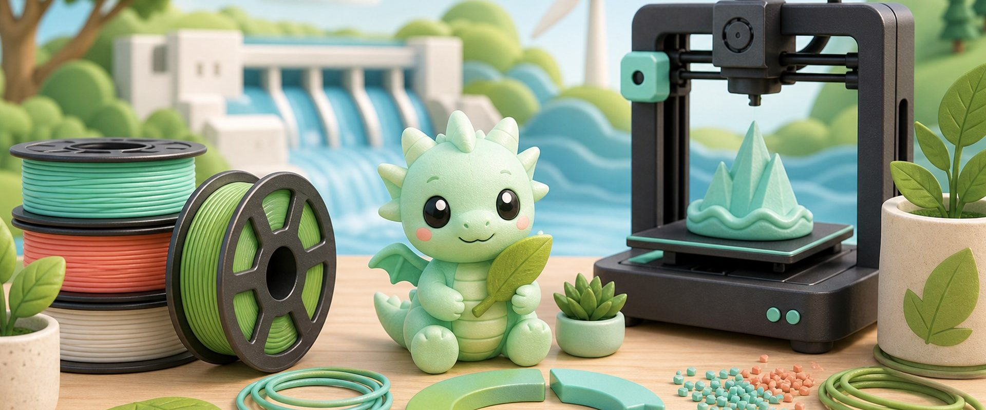 Kawaii illustration of sustainable 3D printing with filament, a printer, and clean energy inspired scenery.