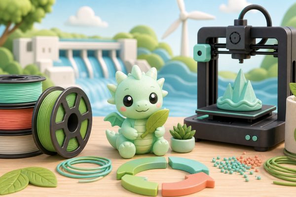 Kawaii illustration of sustainable 3D printing with filament, a printer, and clean energy inspired scenery.