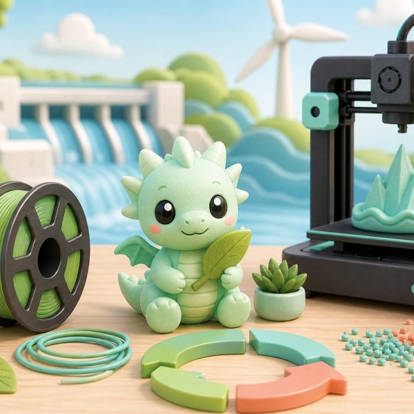 Kawaii illustration of sustainable 3D printing with filament, a printer, and clean energy inspired scenery.